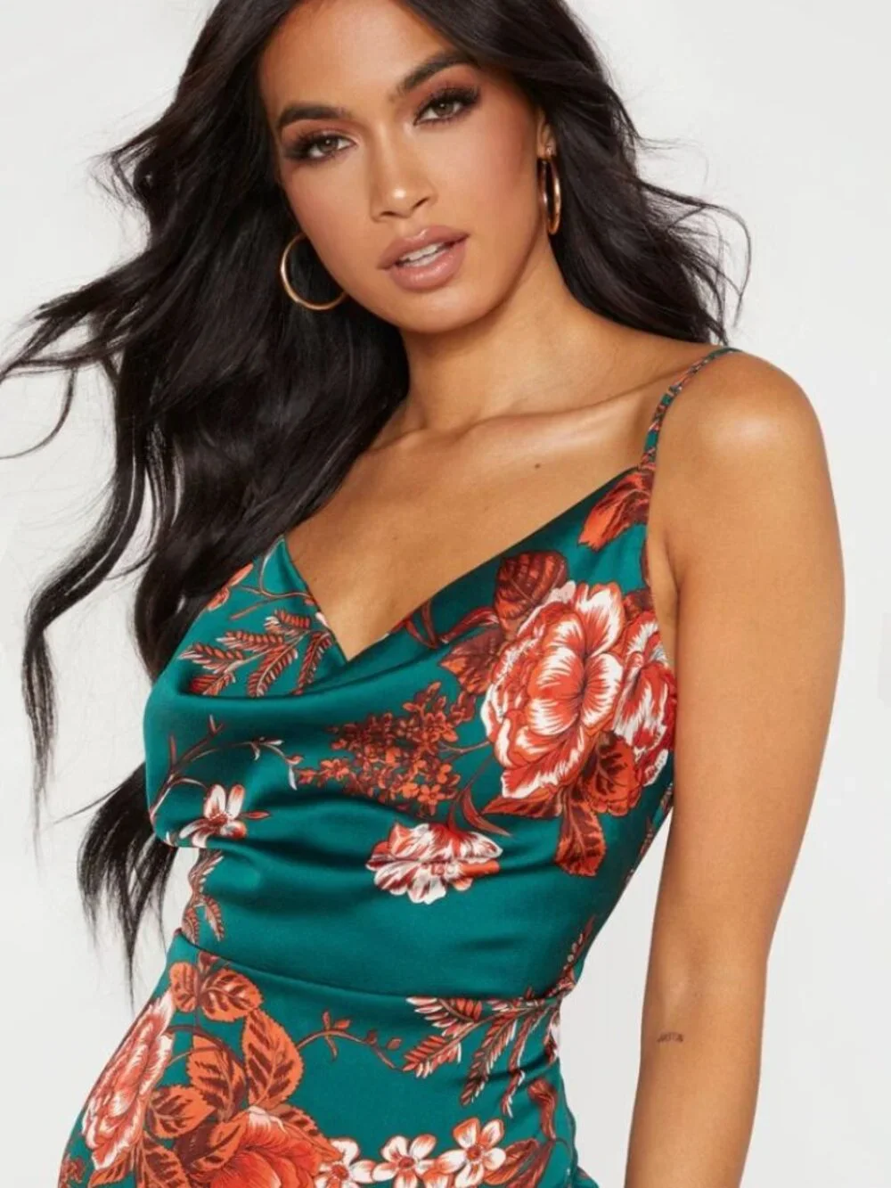 Pretty Little Thing Emerald Green Floral Strappy Satin Cowl Midi Dress NWT - Picture 2 of 16